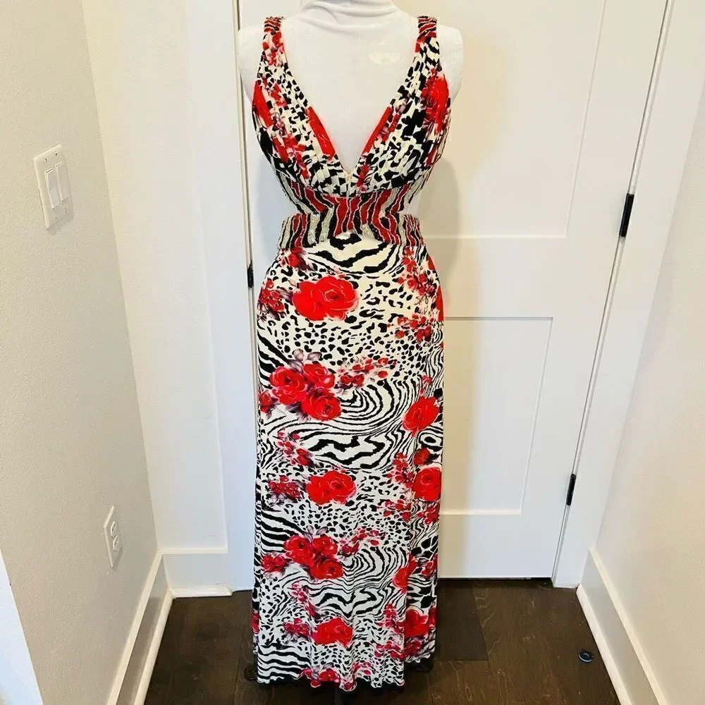 La Femme Women’s Size 0 Floral Print Open Back Formal Gown Maxi Dress Red Prom